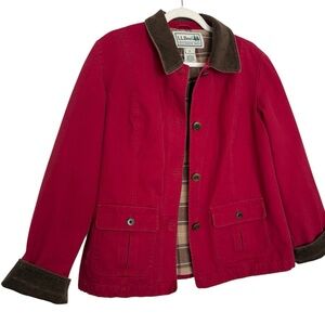 L.L. Bean Chore Field Coat Jacket Red Corduroy Trim Womens Petite Medium